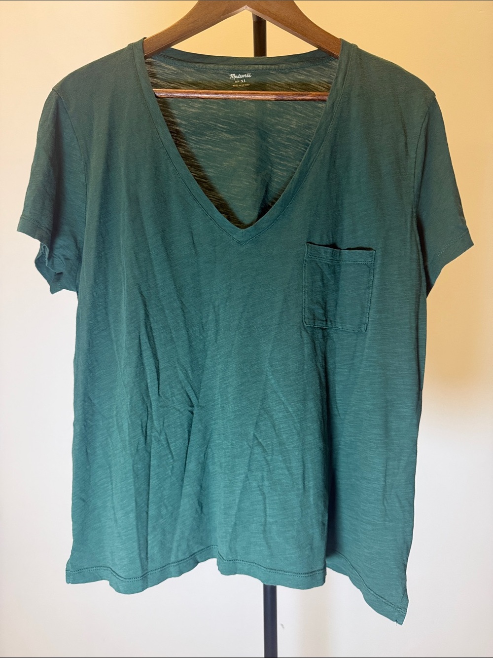Madewell Dark Green V‑Neck Cotton Pocket Tee | Size XL